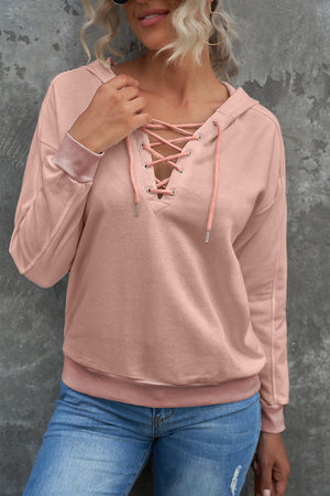 Lace-Up Dropped Shoulder Hoodie-Mope's Closet