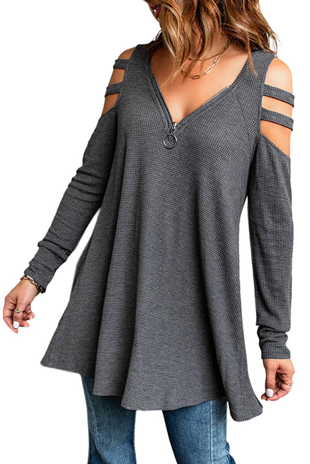 Cutout Waffle Knit Tunic Top-Mope's Closet