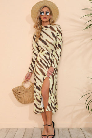 Printed Mock Neck Long Sleeve Slit Dress-Mope's Closet