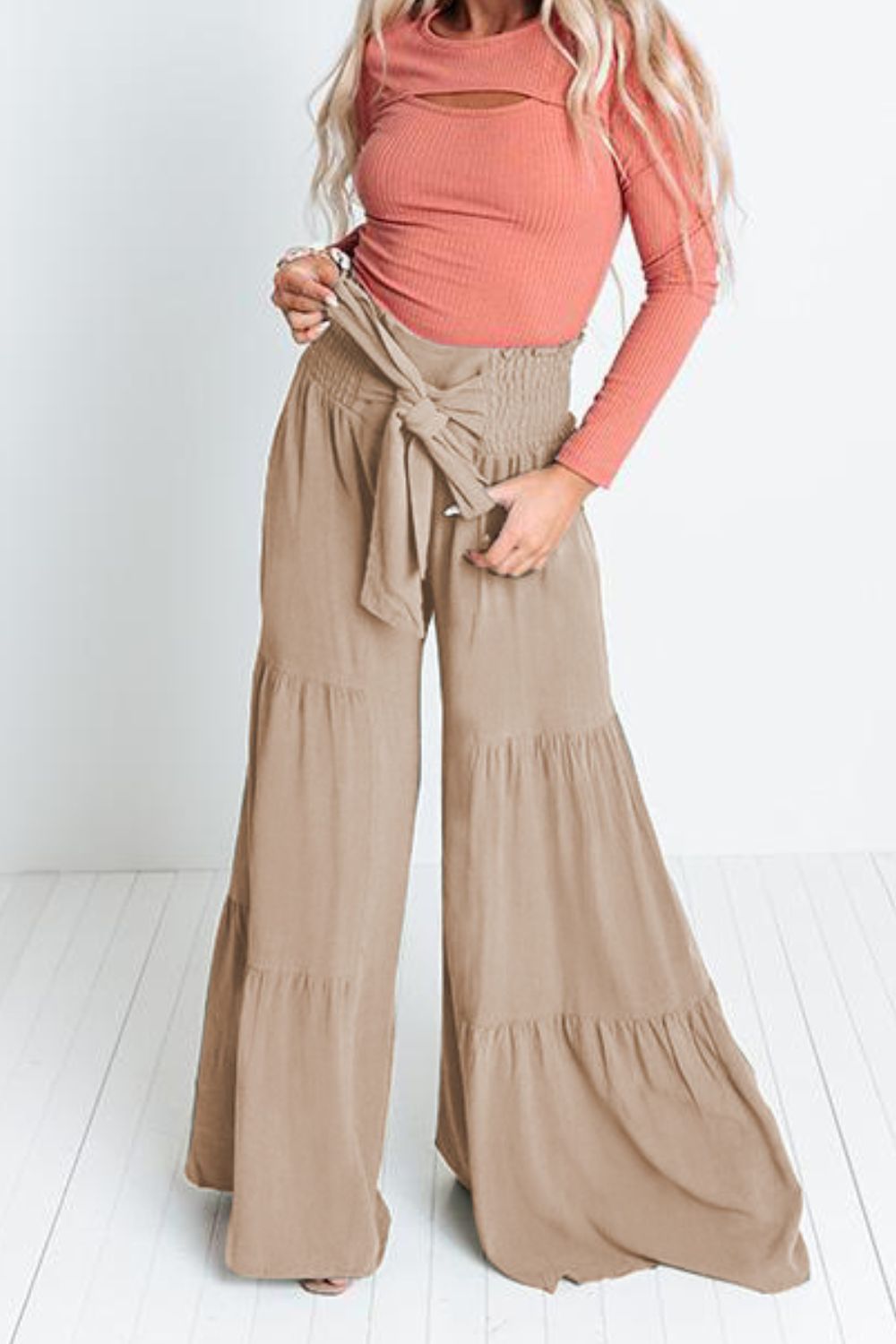 Tie Front Smocked Tiered Culottes-Mope's Closet