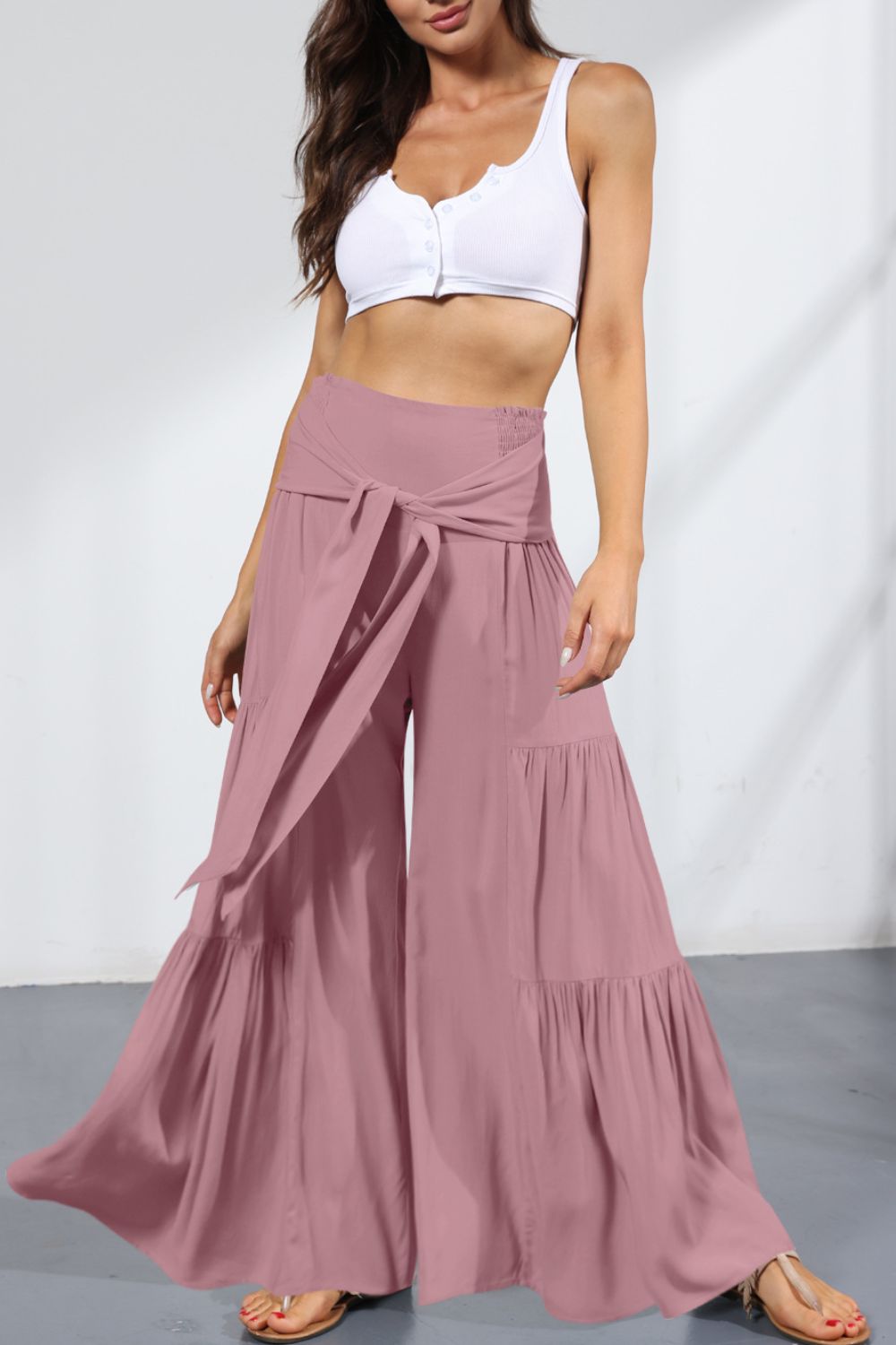 Tie Front Smocked Tiered Culottes-Mope's Closet