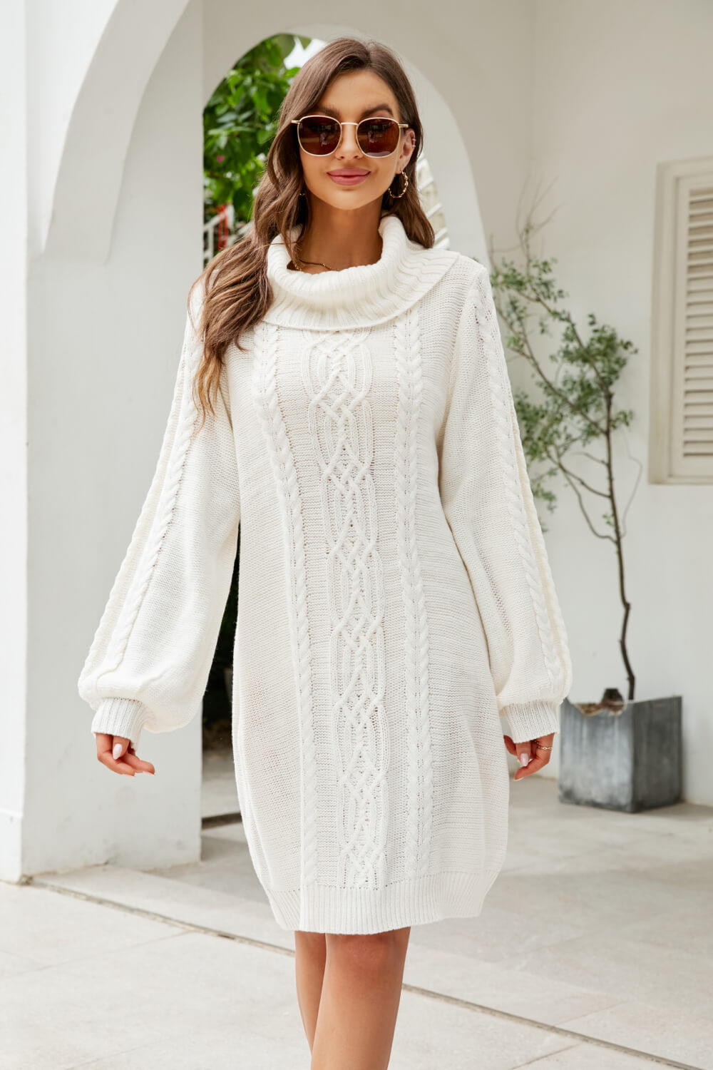 Mixed Knit Turtleneck Lantern Sleeve Sweater Dress-Mope's Closet