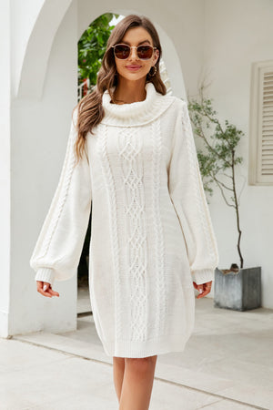 Mixed Knit Turtleneck Lantern Sleeve Sweater Dress-Mope's Closet