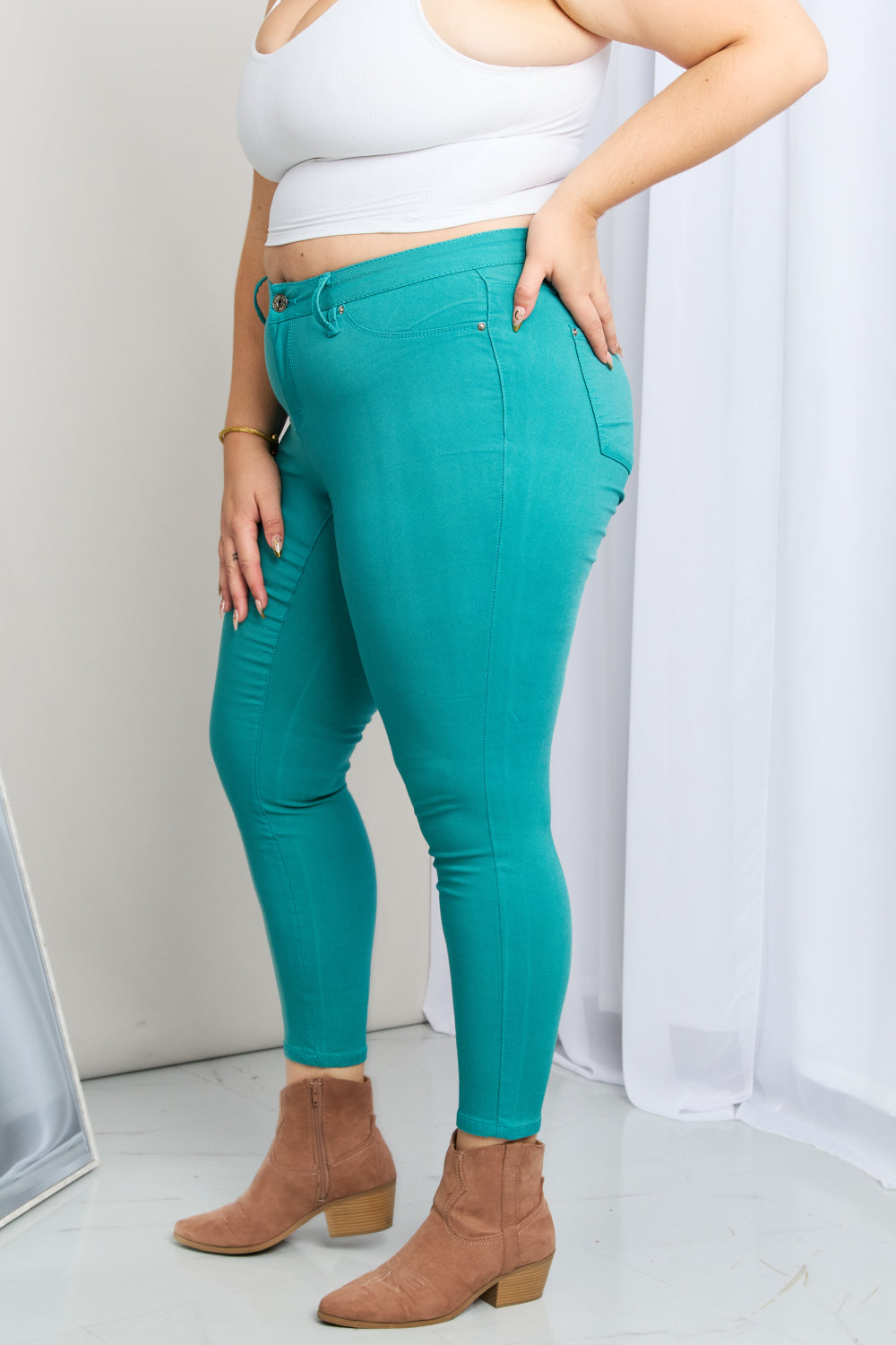 YMI Jeanswear Kate Hyper-Stretch Mid-Rise Skinny Jeans in Sea Green-Mope's Closet