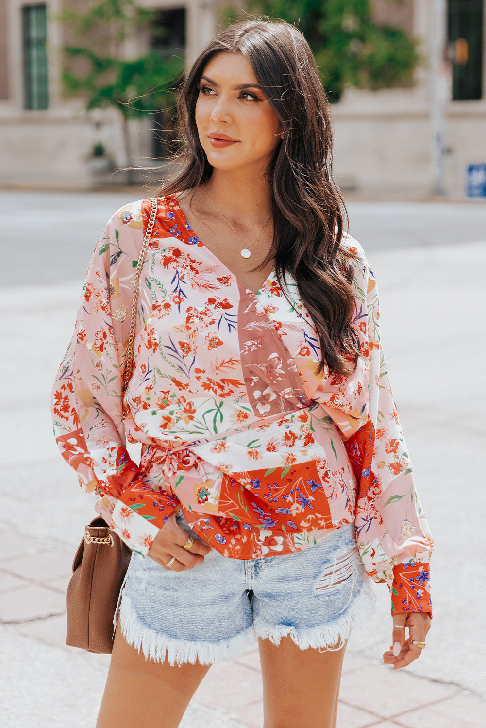 Floral Belted Surplice Blouse-Mope's Closet