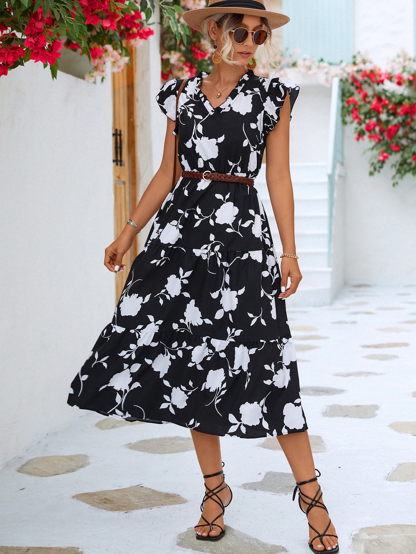 Floral Frill Trim V-Neck Tiered Midi Dress-Mope's Closet