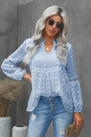 Swiss Dot Frilled Notched Neck Blouse-Mope's Closet