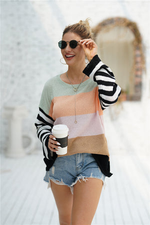 Striped Ribbed Trim Bell Sleeve Sweater-Mope's Closet