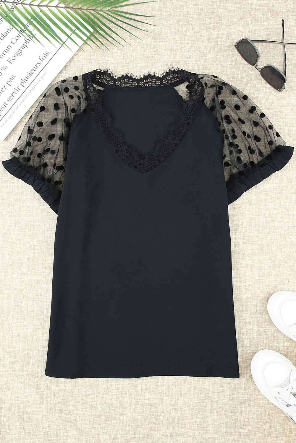 Polka Dot Lace Trim Spliced Mesh Blouse-Mope's Closet