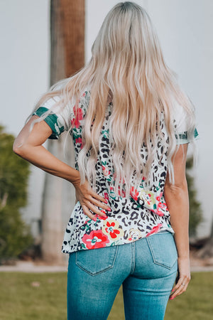 Floral Leopard Short Raglan Sleeve T-Shirt-Mope's Closet