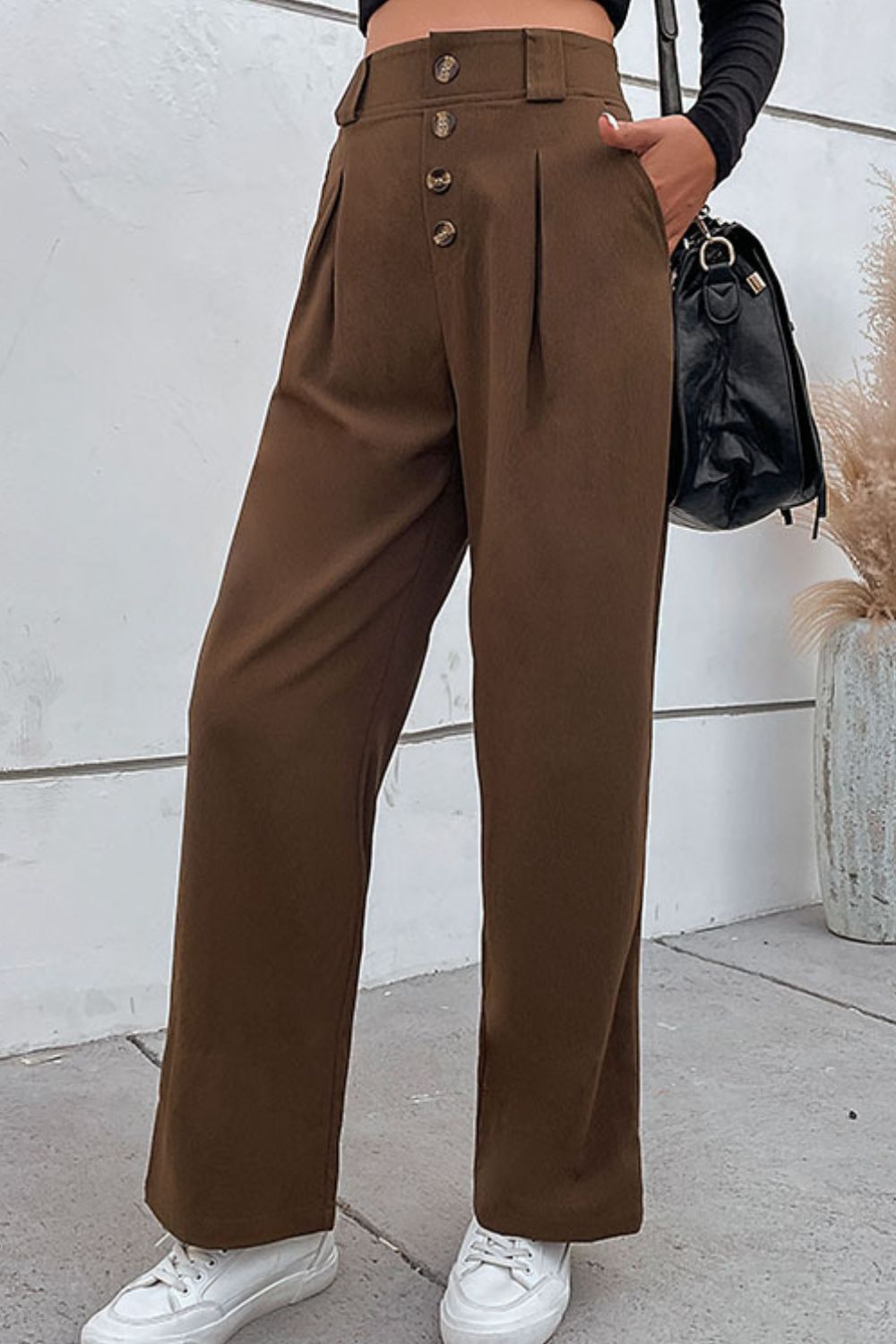 Button-Fly Pleated Waist Wide Leg Pants with Pockets-Mope's Closet