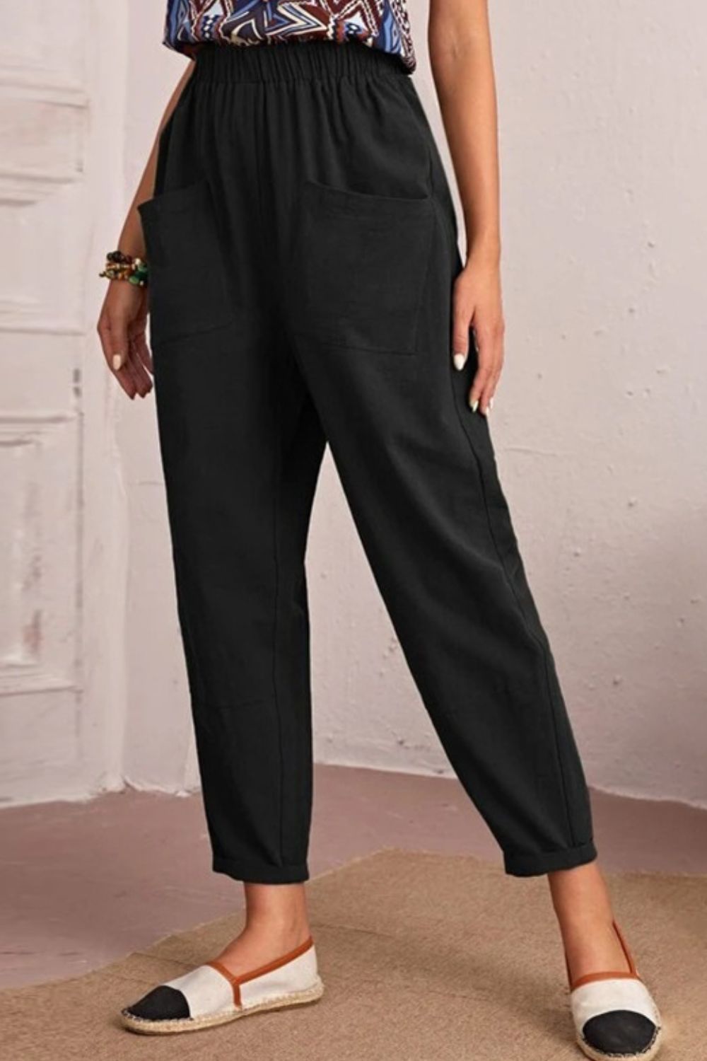 Elastic Waist Pocket Tapered Pants-Mope's Closet