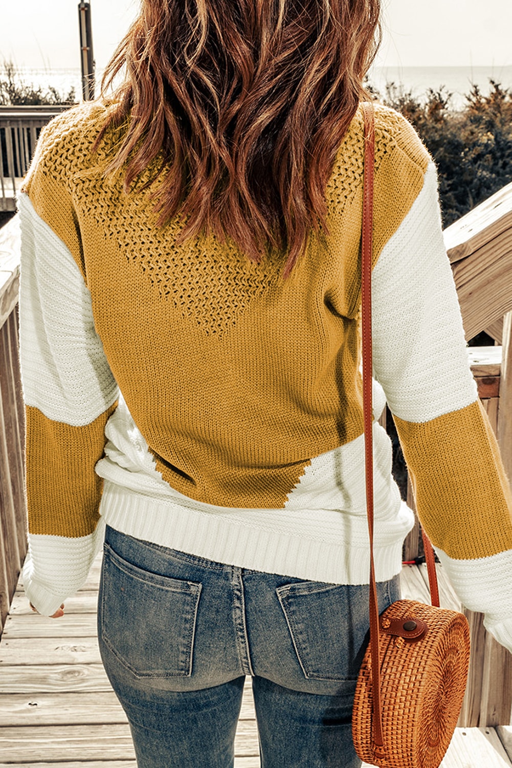 Two-Tone Openwork Rib-Knit Sweater-Mope's Closet