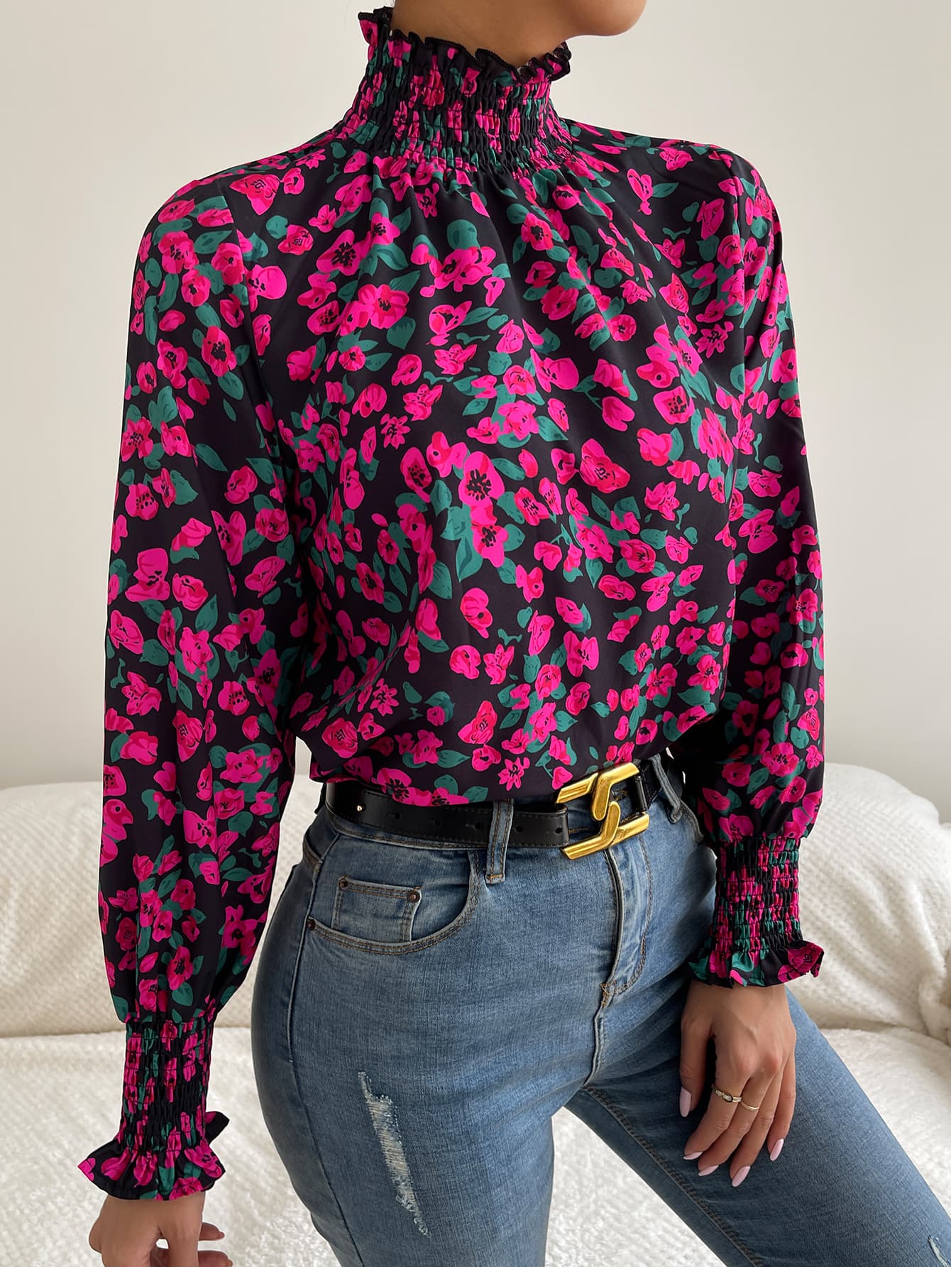 Floral Smocked Frill Neck Blouse-Mope's Closet