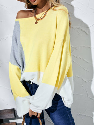 Color Block Balloon Sleeve Boat Neck Sweater-Mope's Closet