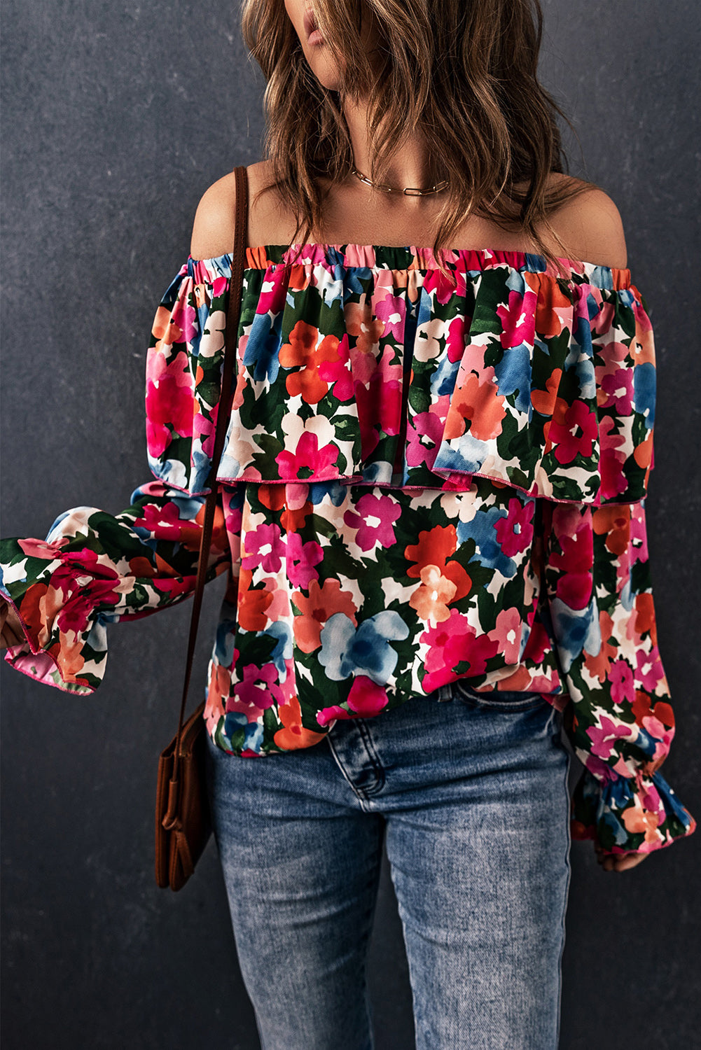 Floral Off-Shoulder Flounce Sleeve Layered Blouse-Mope's Closet