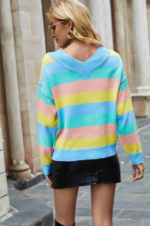 Rainbow Stripe Exposed Seam V-Neck Sweater-Mope's Closet