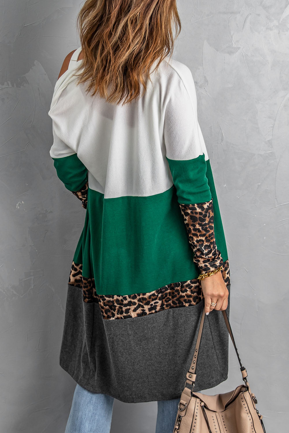 Leopard Color Block Open Front Longline Cardigan-Mope's Closet