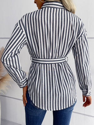 Striped Curved Hem Belted Shirt-Mope's Closet