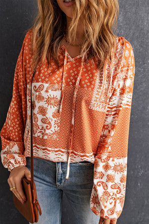 Bohemian Tie-Neck Balloon Sleeve Blouse-Mope's Closet