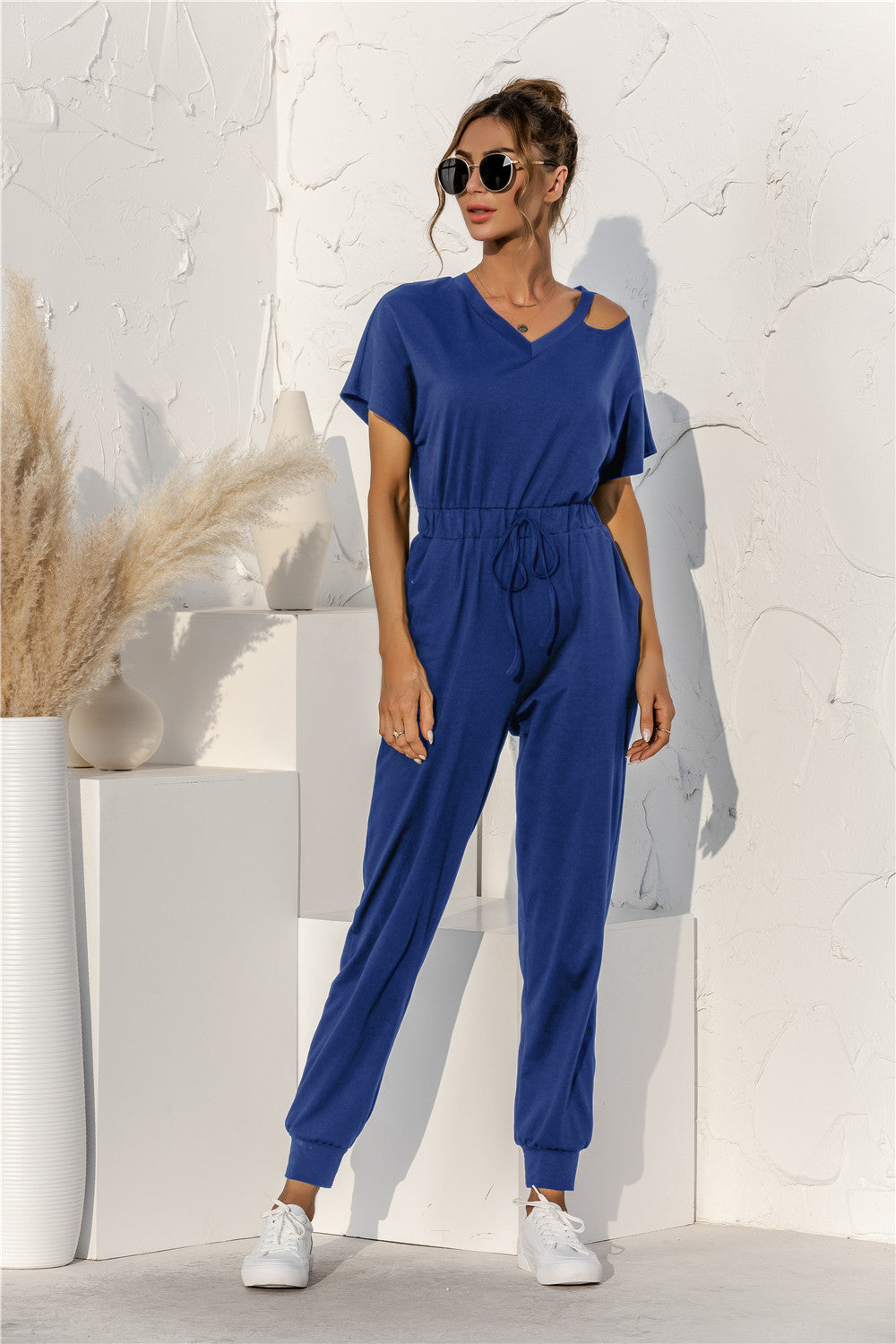 Cut Out V-neck Drawstring Jumpsuit-Mope's Closet