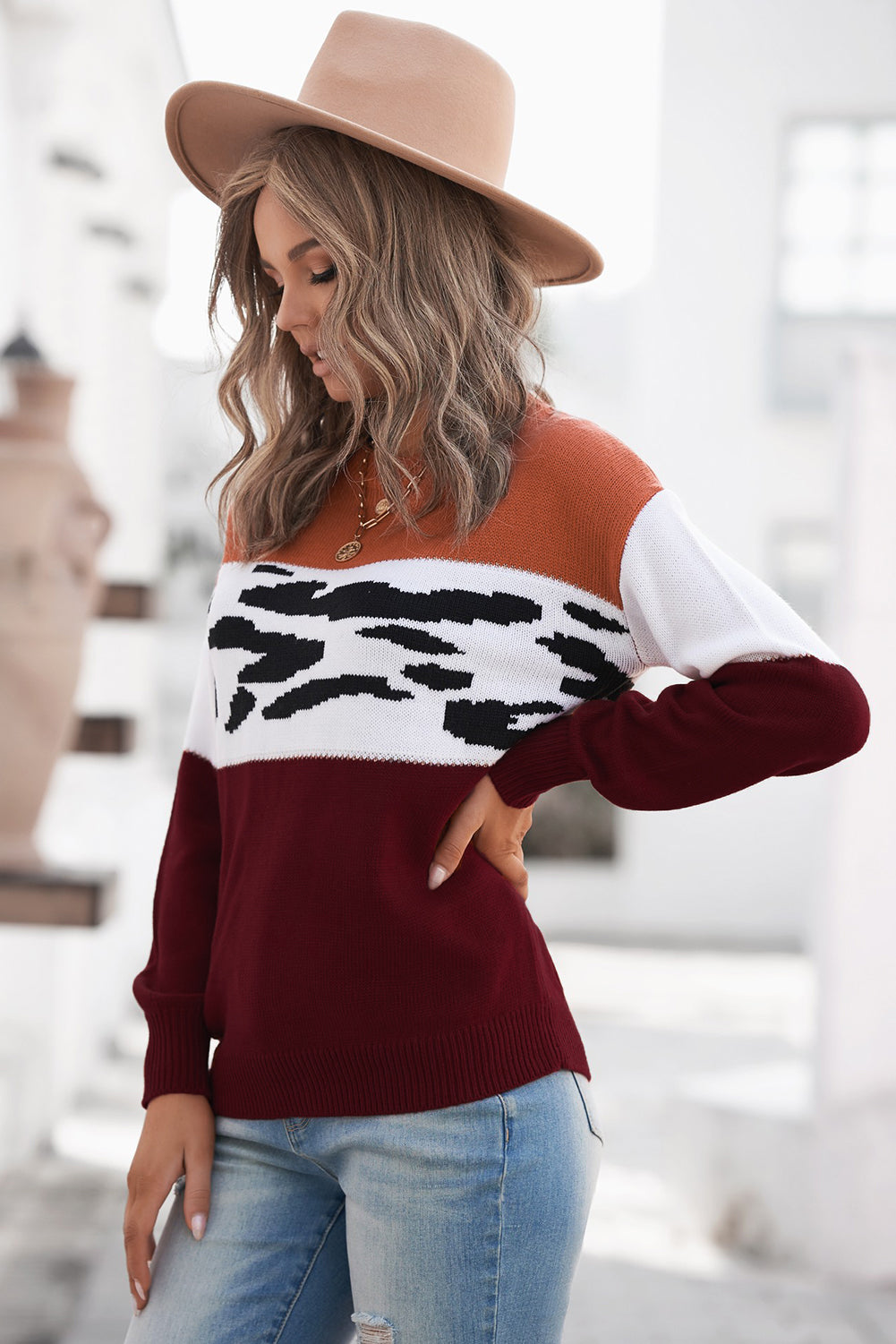 Leopard Color Block Ribbed Trim Dropped Shoulder Sweater-Mope's Closet