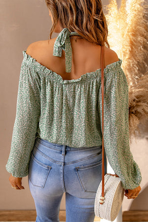 Ditsy Floral Halter Neck Frill Trim Blouse-Mope's Closet