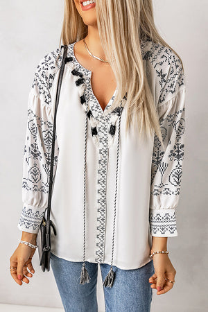 Printed Tassel Tie Puff Sleeve Blouse-Mope's Closet