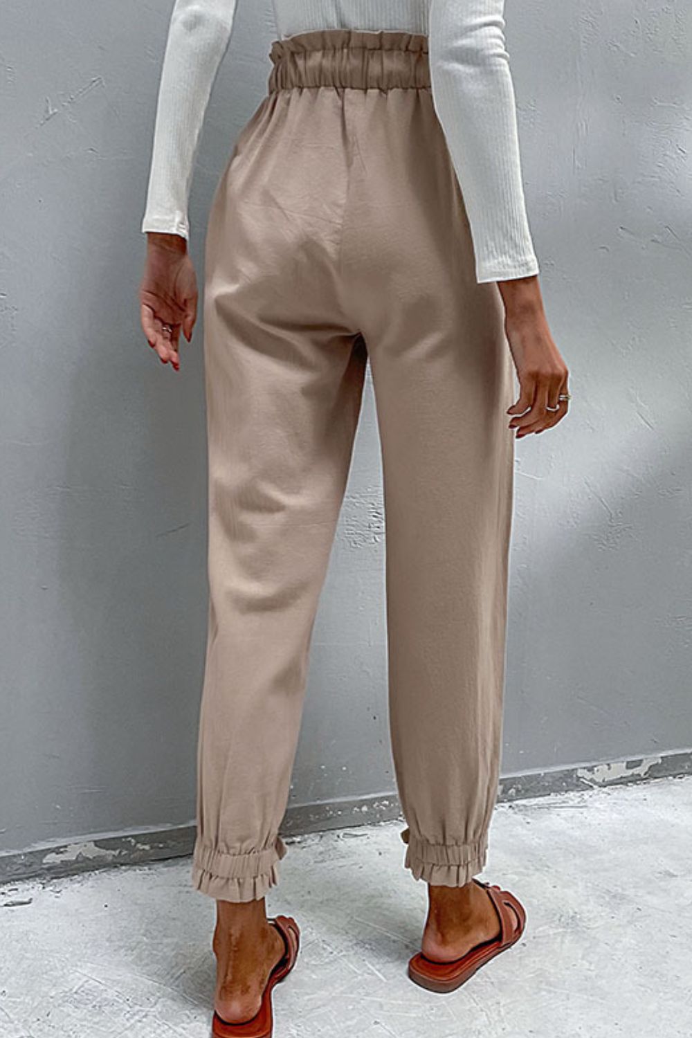 Drawstring Paperbag Waist Button Detail Pants-Mope's Closet