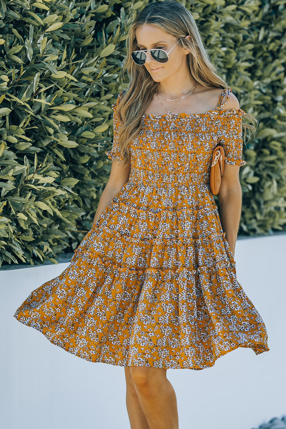 Floral Tiered Frill Trim Smocked Dress-Mope's Closet