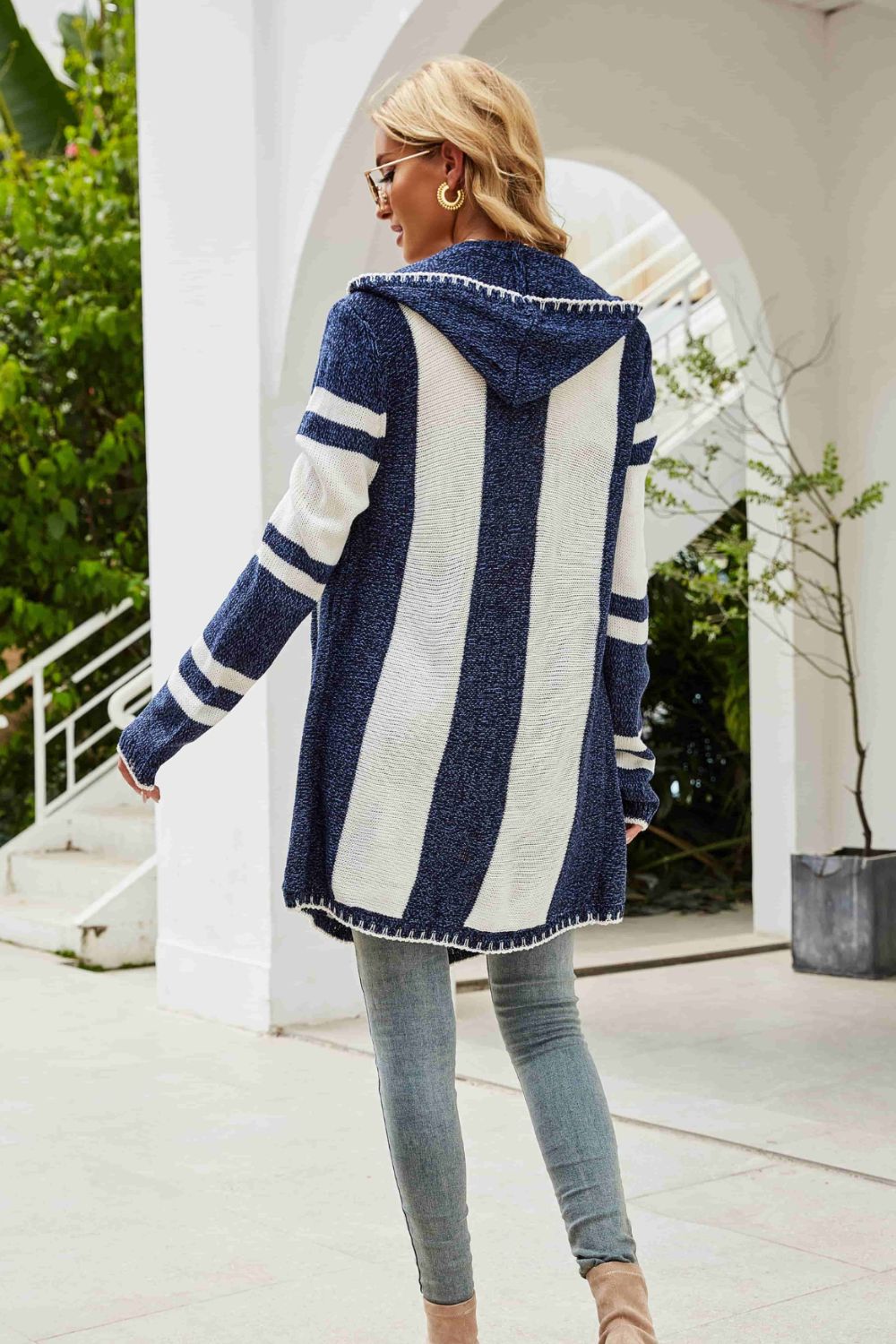 Striped Open Front Hooded Cardigan-Mope's Closet