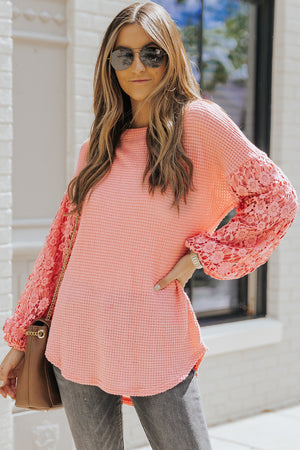 Spliced Lace Balloon Sleeve Waffle-Knit Tunic Top-Mope's Closet