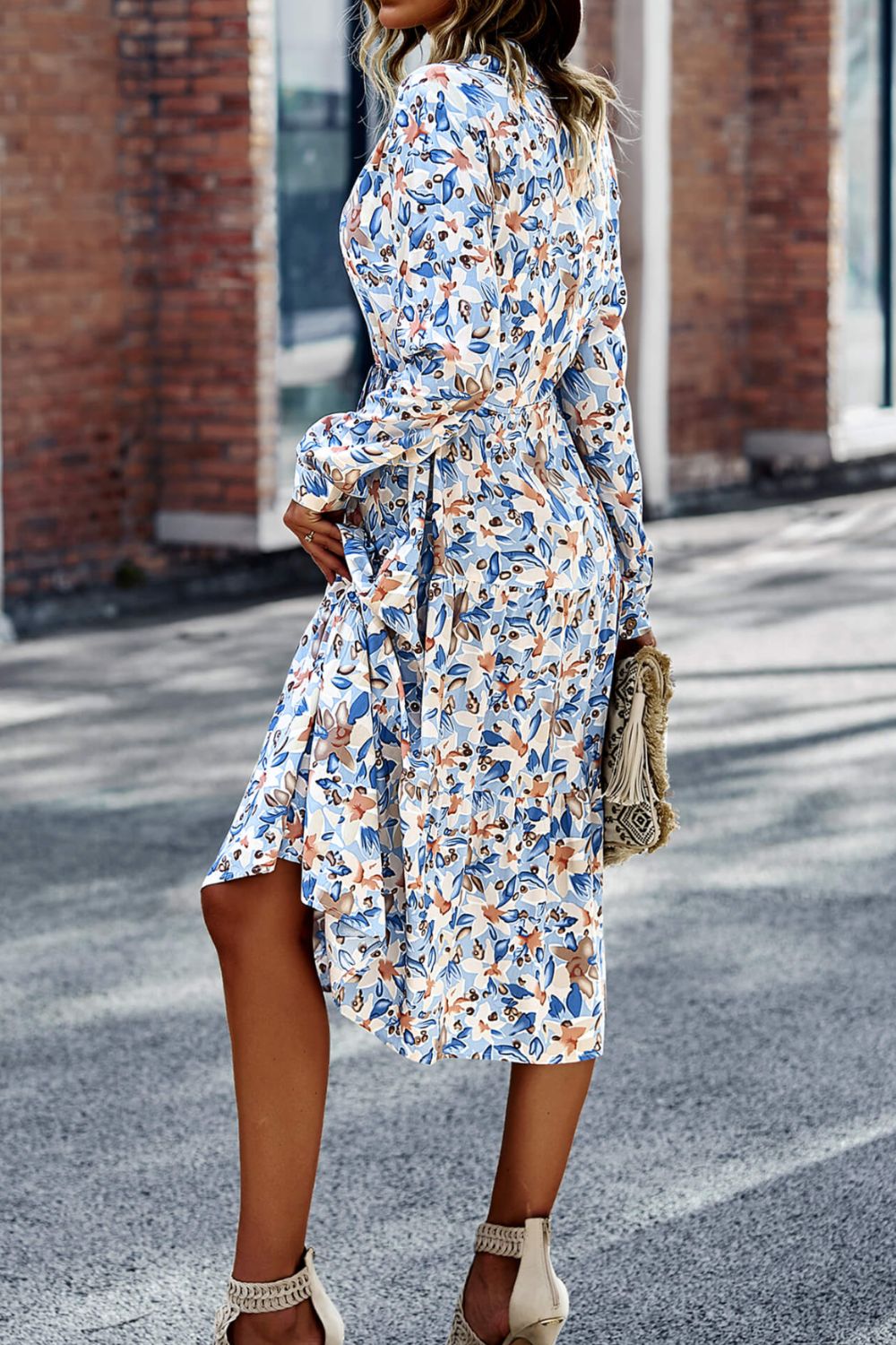 Printed Button Front Belted Tiered Shirt Dress-Mope's Closet