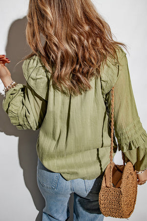 Ruffled Notched Neck Balloon Sleeve Blouse-Mope's Closet