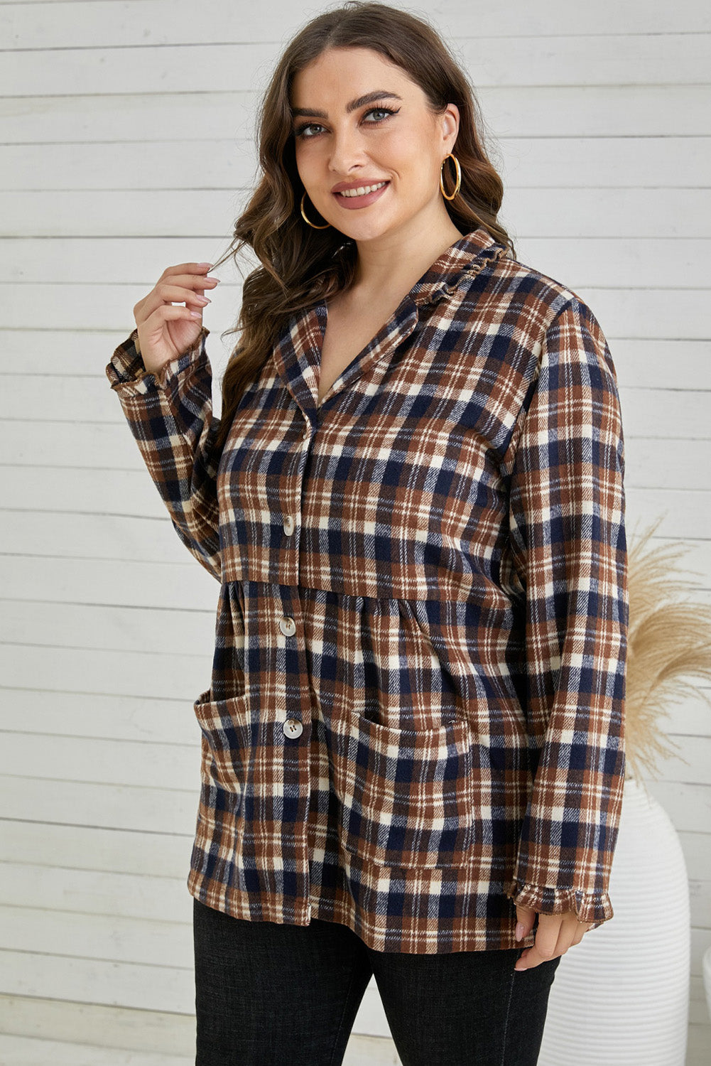 Plus Size Plaid Buttoned Collared Shacket-Mope's Closet