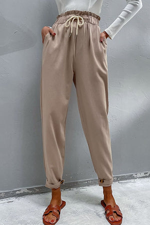 Drawstring Paperbag Waist Button Detail Pants-Mope's Closet