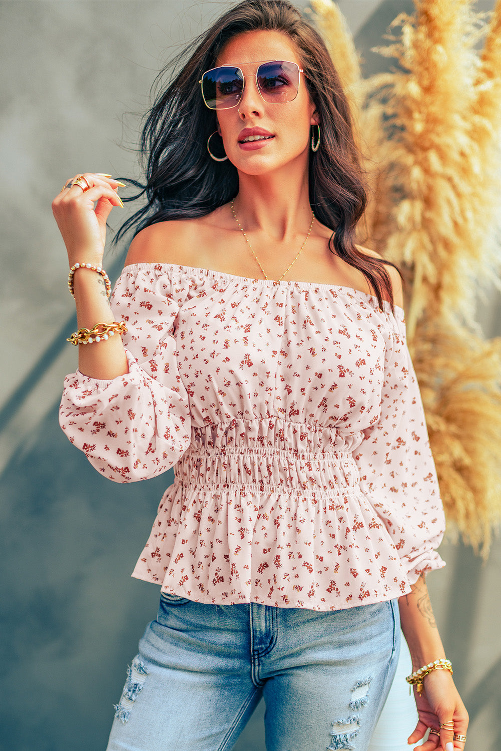 Ditsy Floral Off-Shoulder Peplum Blouse-Mope's Closet