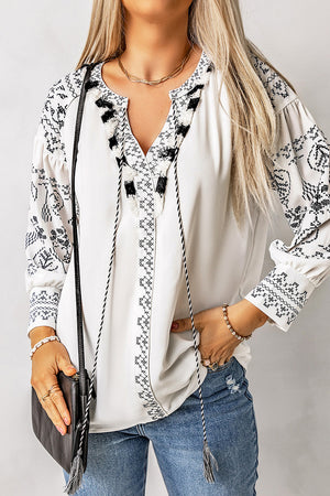 Printed Tassel Tie Puff Sleeve Blouse-Mope's Closet