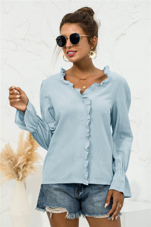 Frill Trim V-Neck Flounce Sleeve Shirt-Mope's Closet