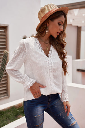 Swiss Dot Spliced Lace Flounce Sleeve Blouse-Mope's Closet