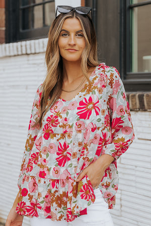 Floral V-Neck Tiered Babydoll Blouse-Mope's Closet