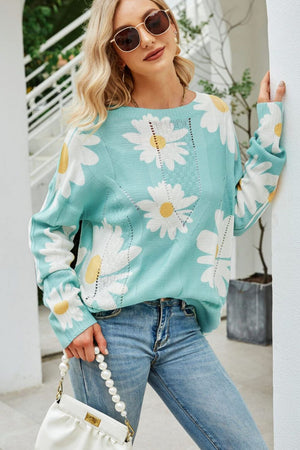 Daisy Print Openwork Round Neck Sweater-Mope's Closet