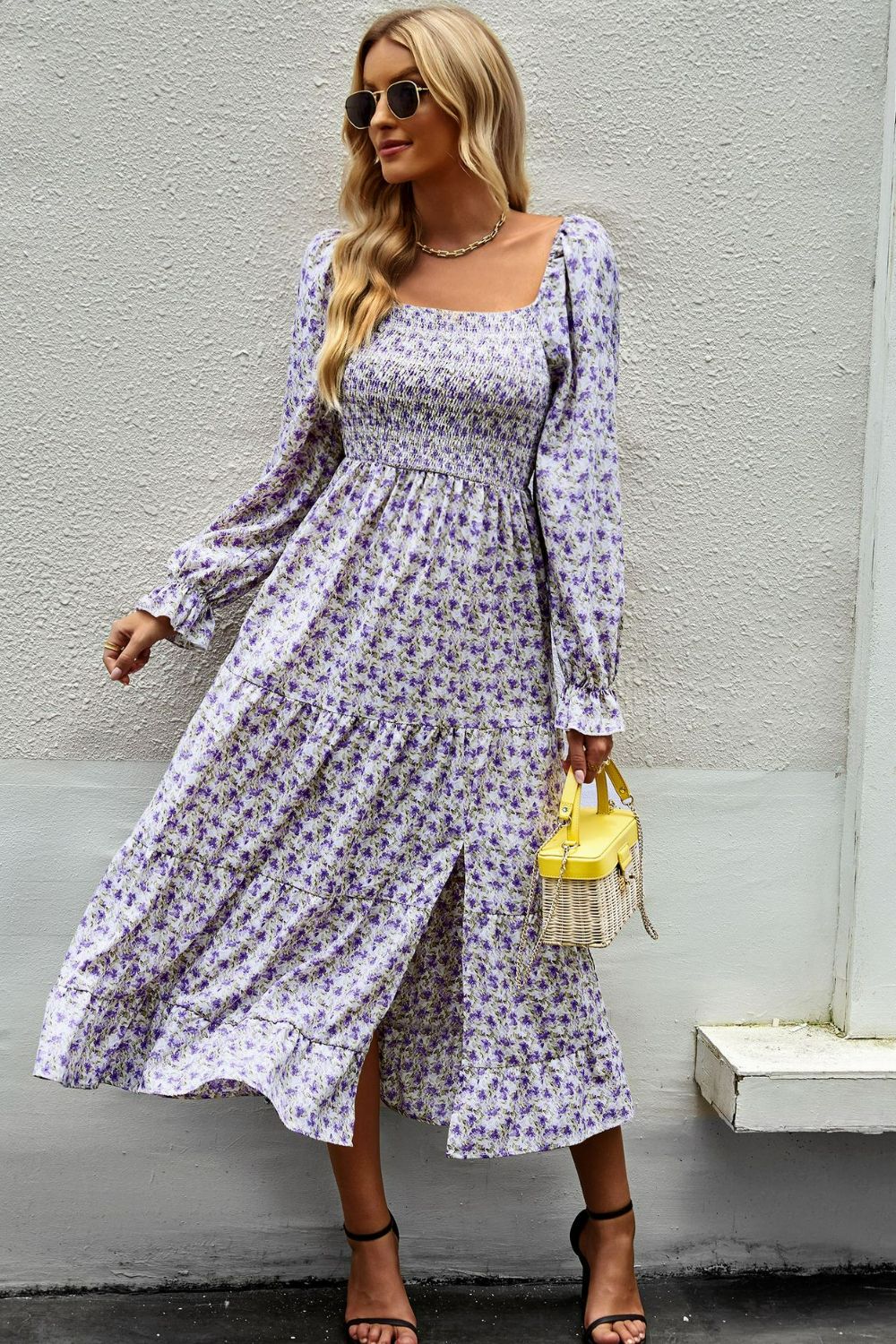 Floral Smocked Square Neck Slit Midi Dress-Mope's Closet