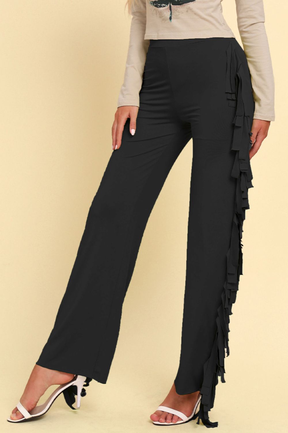 Fringe Trim Wide Leg Pants-Mope's Closet