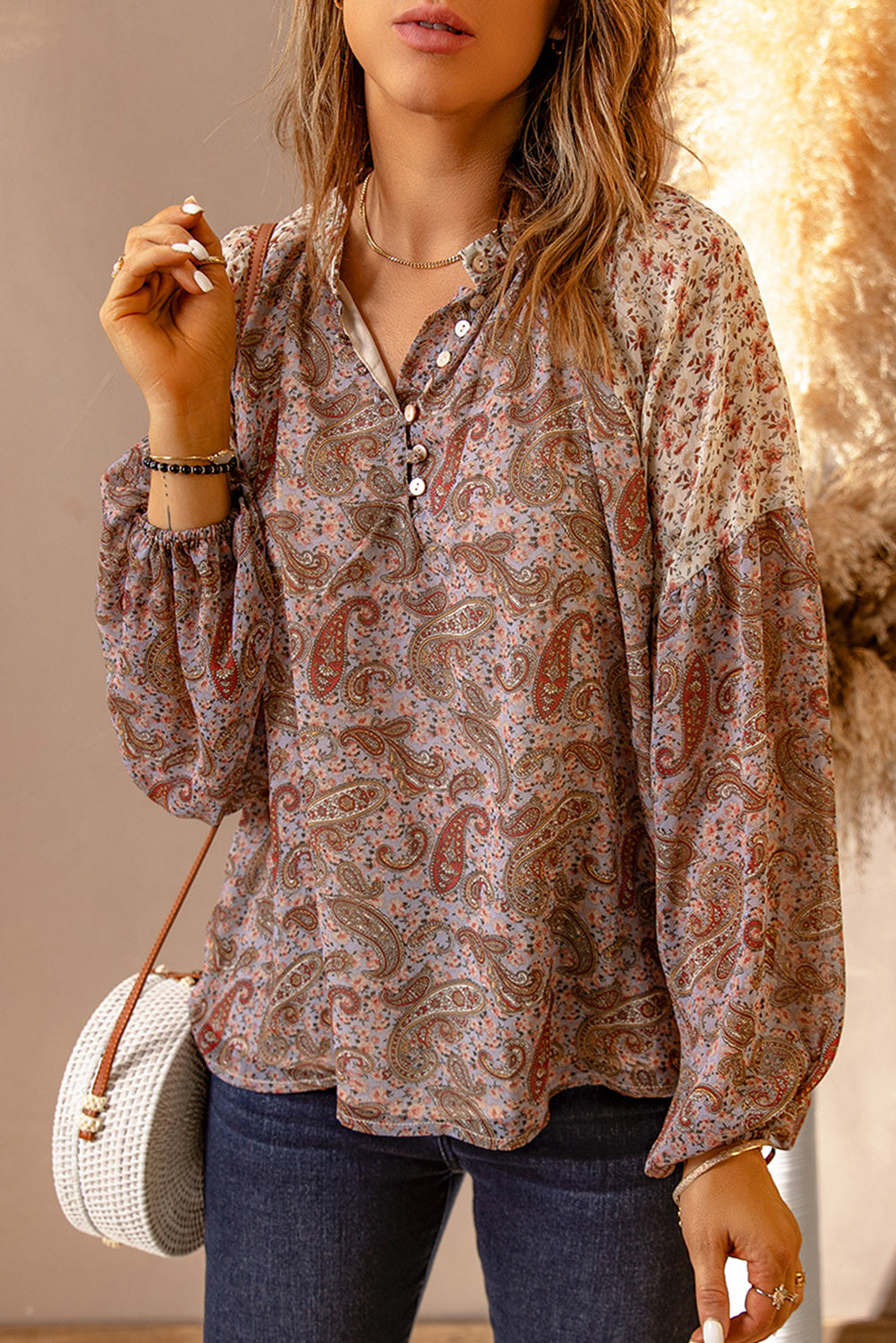 Paisley Print Quarter Button Balloon Sleeve Blouse-Mope's Closet