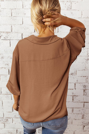 Textured Johnny Collar Three-Quarter Sleeve Blouse-Mope's Closet