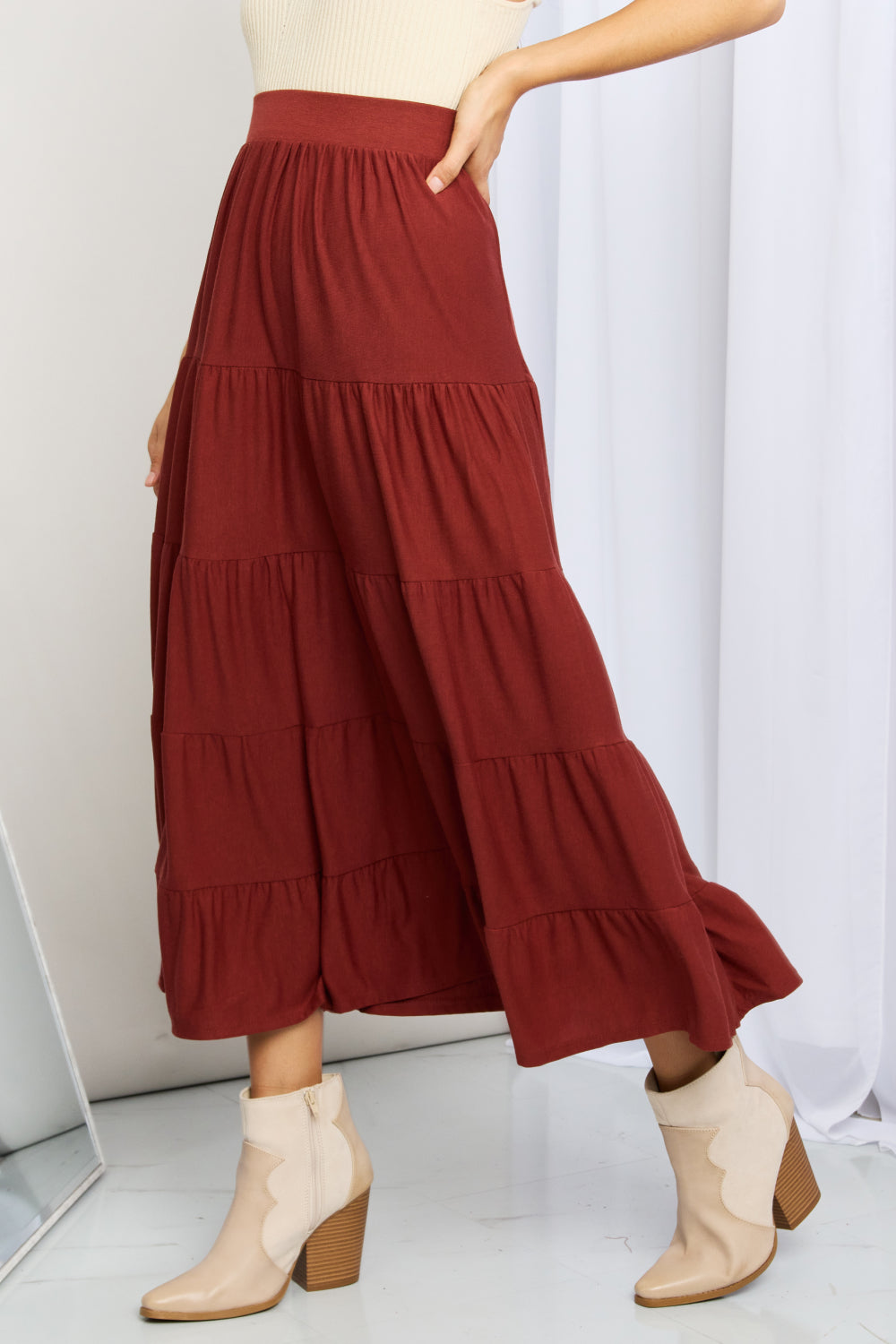 Zenana Wide Waistband Tiered Midi Skirt-Mope's Closet