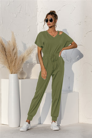 Cut Out V-neck Drawstring Jumpsuit-Mope's Closet