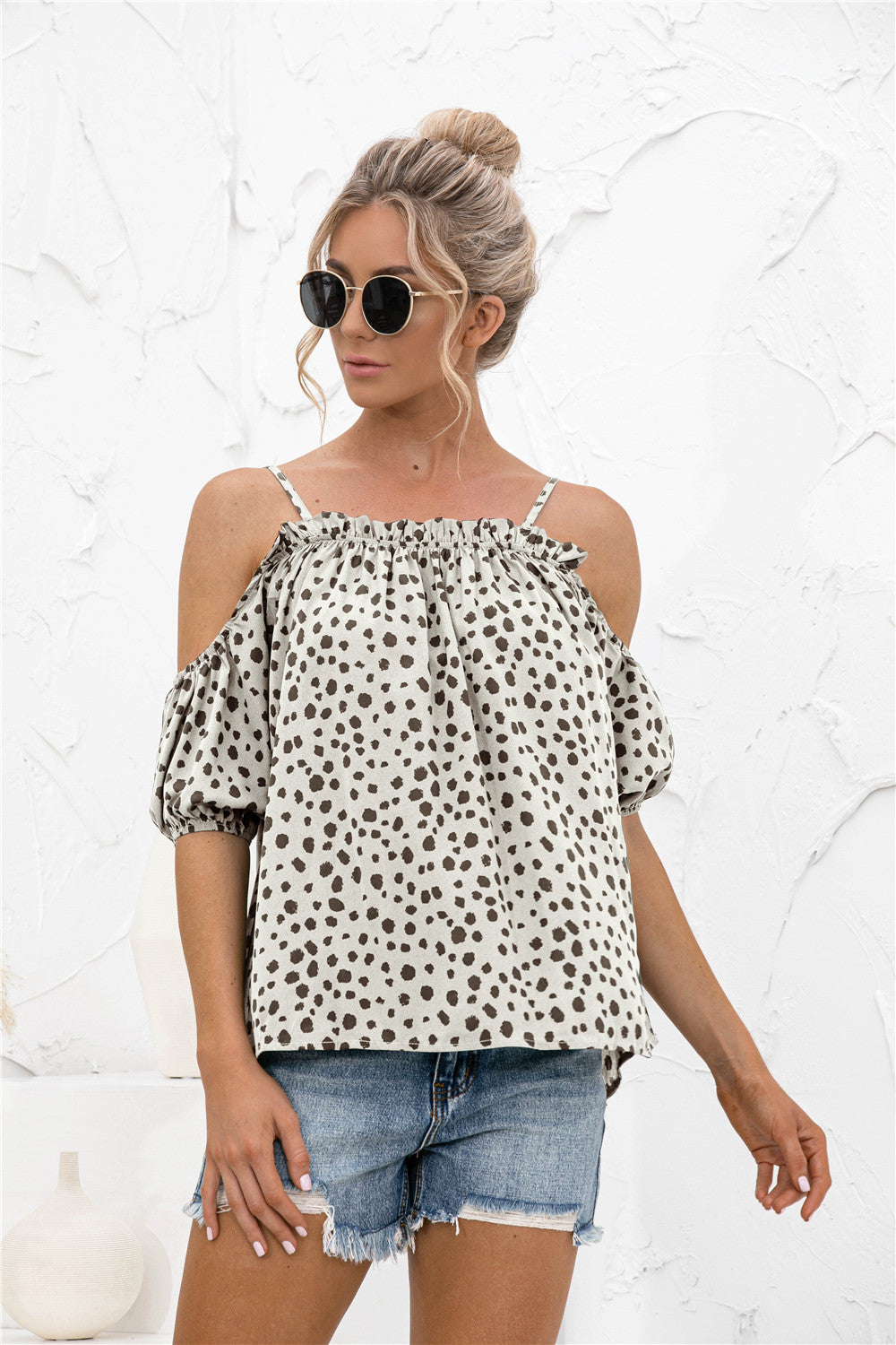 Printed Cold-Shoulder Frill Trim Blouse-Mope's Closet