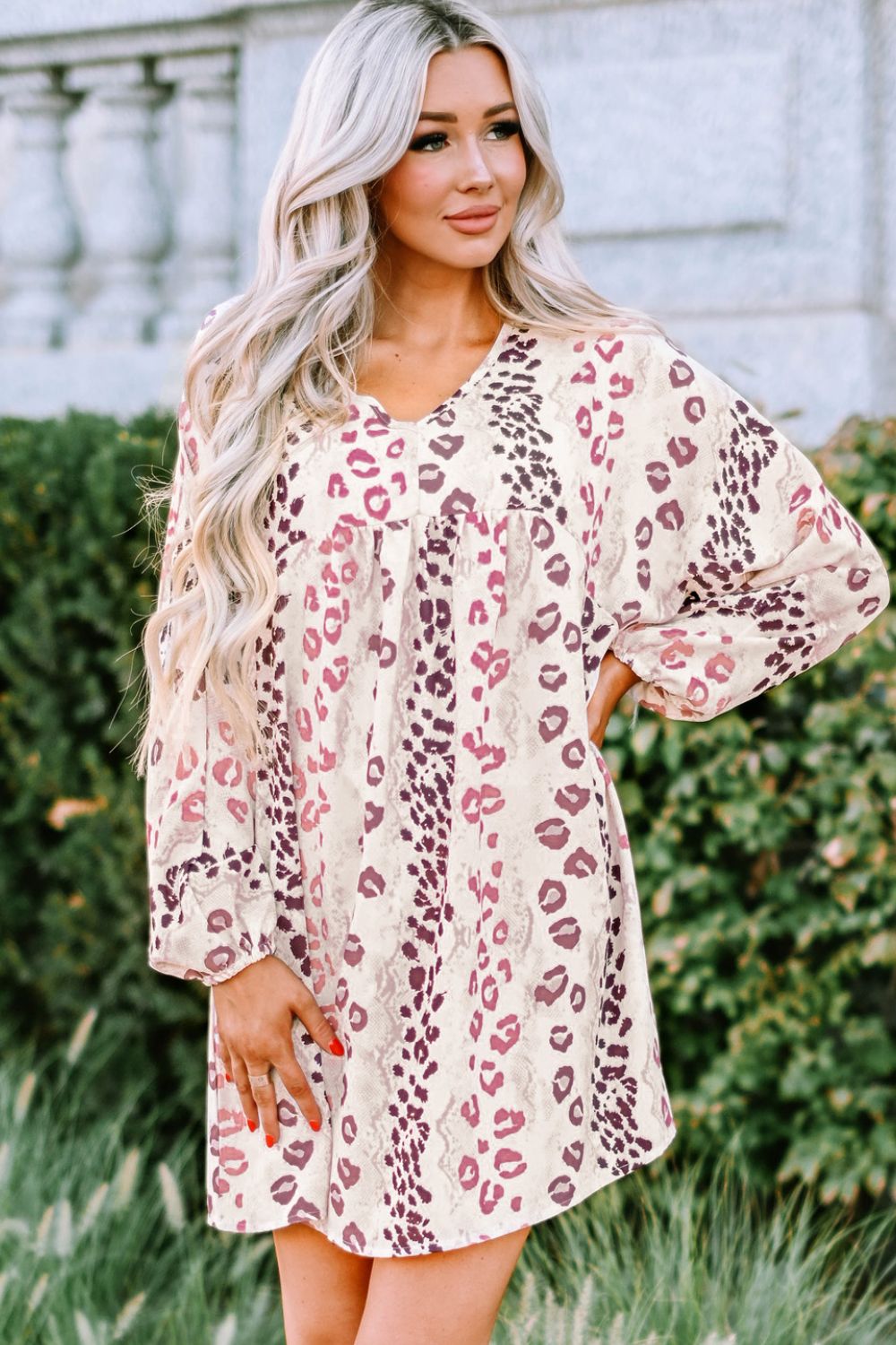 Leopard V-Neck Balloon Sleeve Babydoll Dress-Mope's Closet